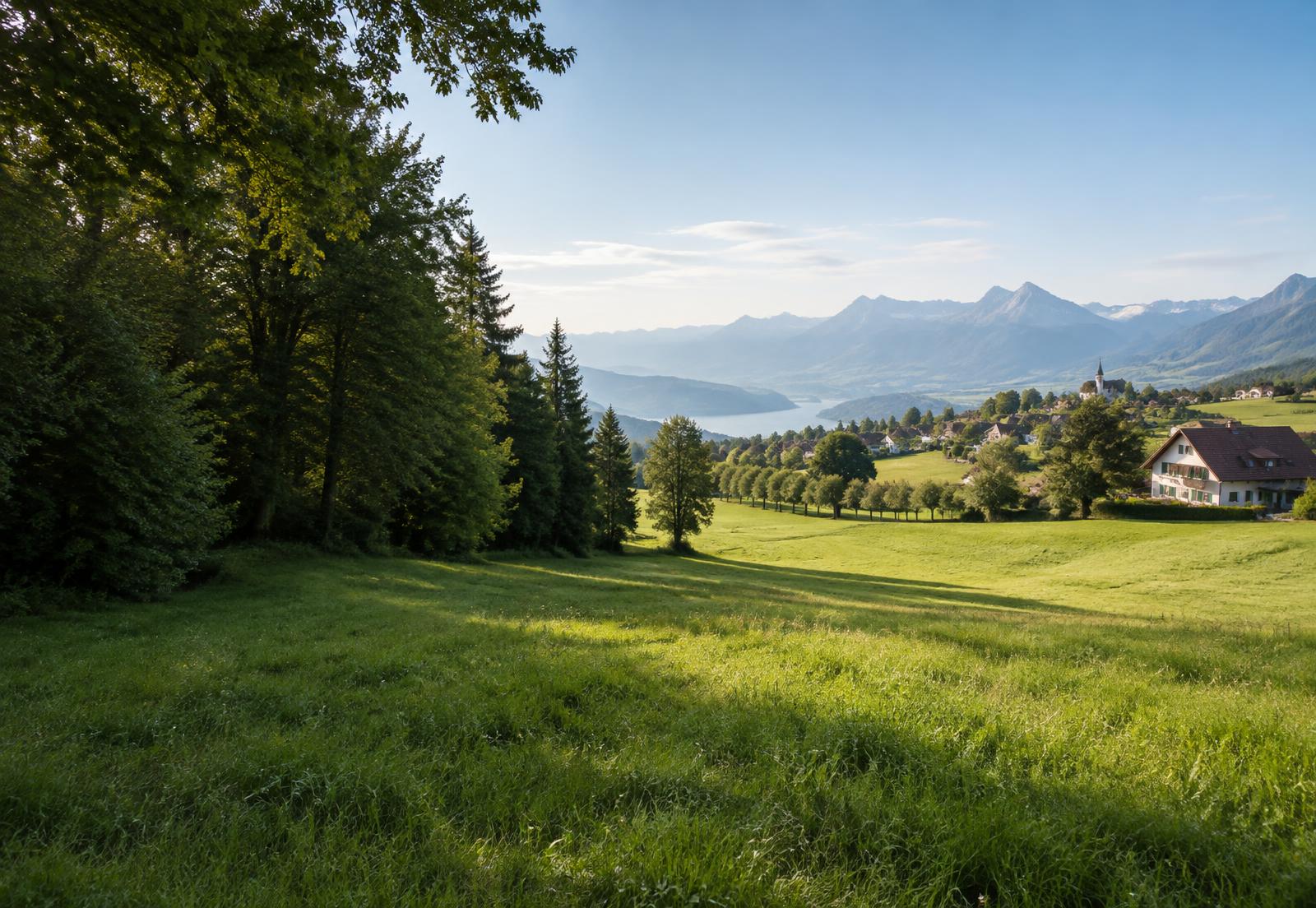 Schweizer Landschaft mit Grundstücken und Blick auf die Alpen